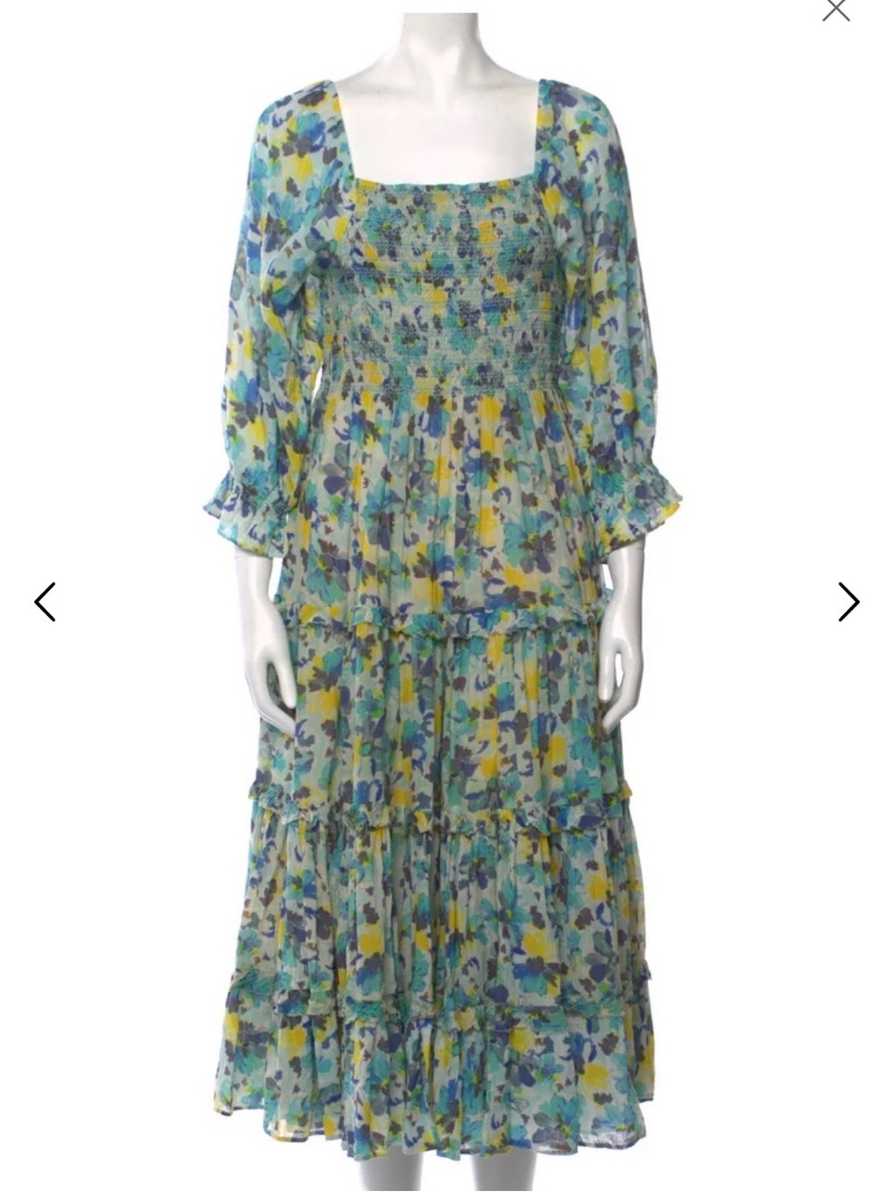 LoveShackFancy Aqua, Blue & Yellow Floral Smocked Tiered Long-Sleeve Midi Dress